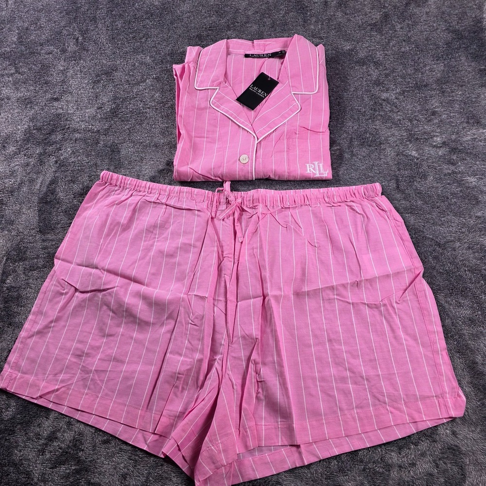 Ralph Lauren Pink Striped Shirt & Shorts Sleep Set Womens M Pajama Set